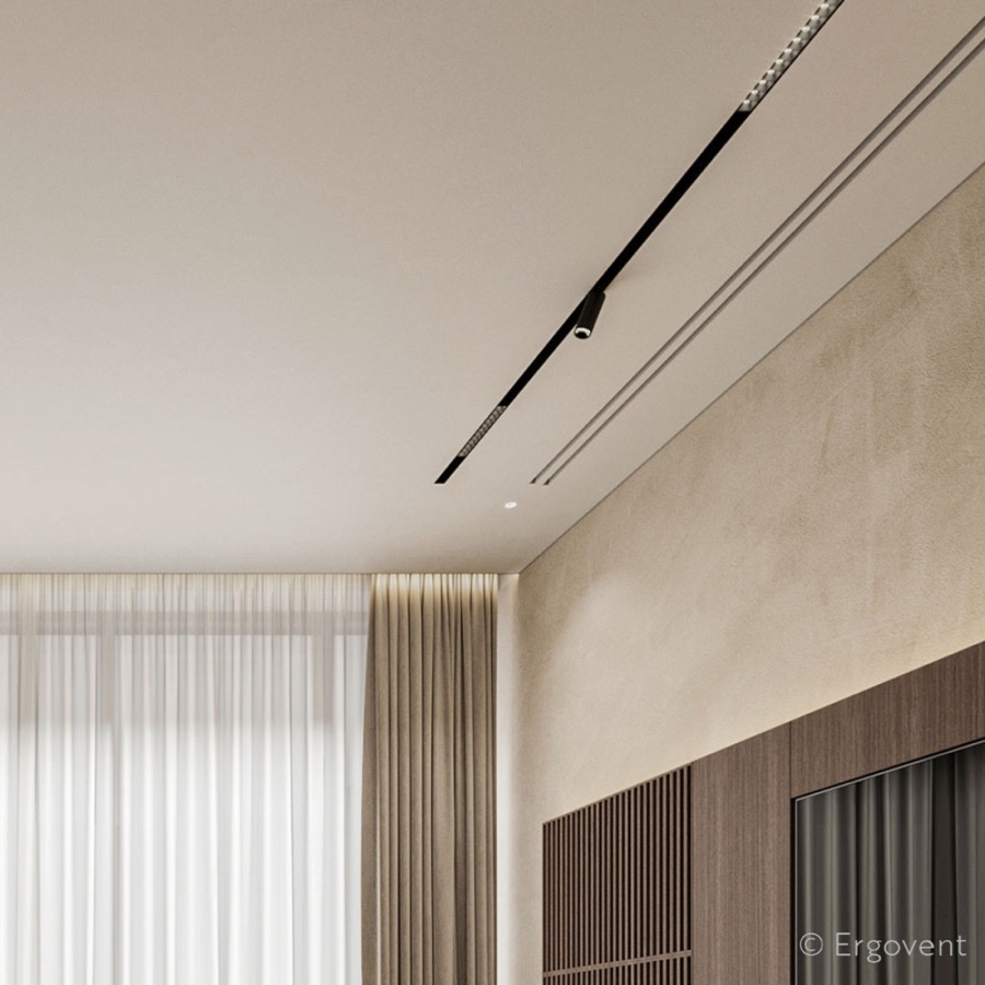 Detail dvoustěrbinové vyústky Ergovent Lineo Condi splývající se stropem